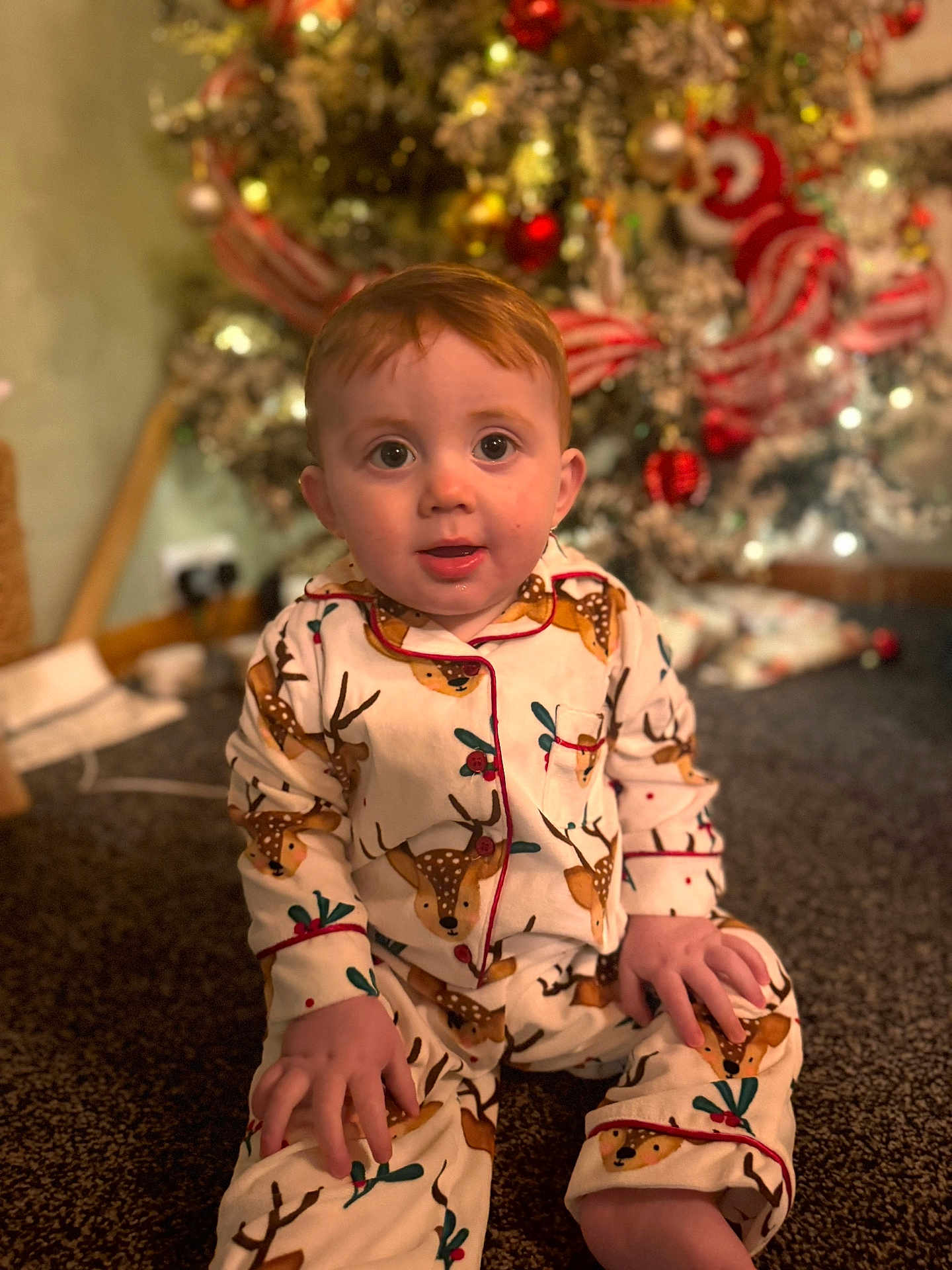 Cedri is registered to the contest to win money with this photo: toddler, child, pajamas, reindeer_pattern, christmas_tree, ornaments, holiday_lights, carpet, indoor, festive, decorations, cute, smiling, holiday, celebration, young_child, sitting, home, portrait, warm_lighting