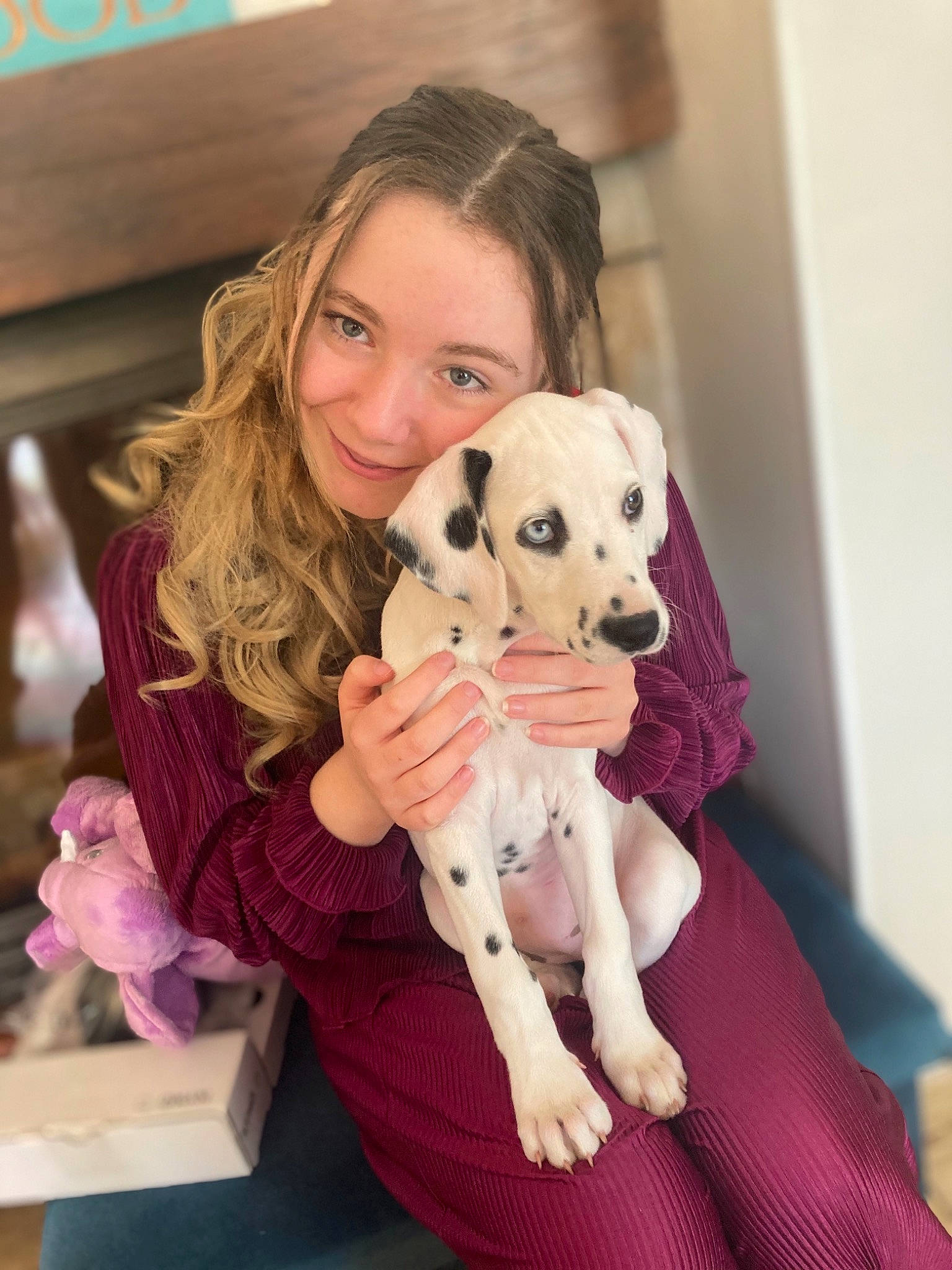 Bloom participe au concours pour gagner de l'argent avec cette photo : carnivore, companion_dog, dog_breed, doll, ear, eye, face, fawn, fun, happy, head, iris, long_hair, pink, purple, skin, smile, stuffed_toy, textile, toy