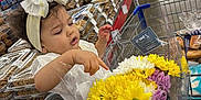 Amada joined the competition — help win amazing prizes! toddler, child, shopping_cart, bouquet, flowers, yellow_flowers, white_flowers, purple_flowers, grocery_store, bread, packaged_food, person, hand, headband, bow, curly_hair, aisle, shopping, indoor, retail