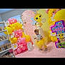 toddler, child, balloons, party, birthday, tutu, yellow, pink, decorations, piñata, bee, cake, gift_bag, shelf, carpet, headband, celebration, indoor, smiling, costume