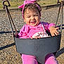 baby, child, clothing, cute, face, hair, happy, headband, metal_chain, outdoor, park, pink_clothing, playground, portrait, smile, sunny, swing, swing_seat, toddler, wood_chips