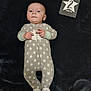 baby, baby_clothes, blanket, card, cute, expression, fabric, face, feet, indoor, infant, lying_down, milestone_card, newborn, onesie, portrait, slippers, soft_lighting, star_pattern, two_months