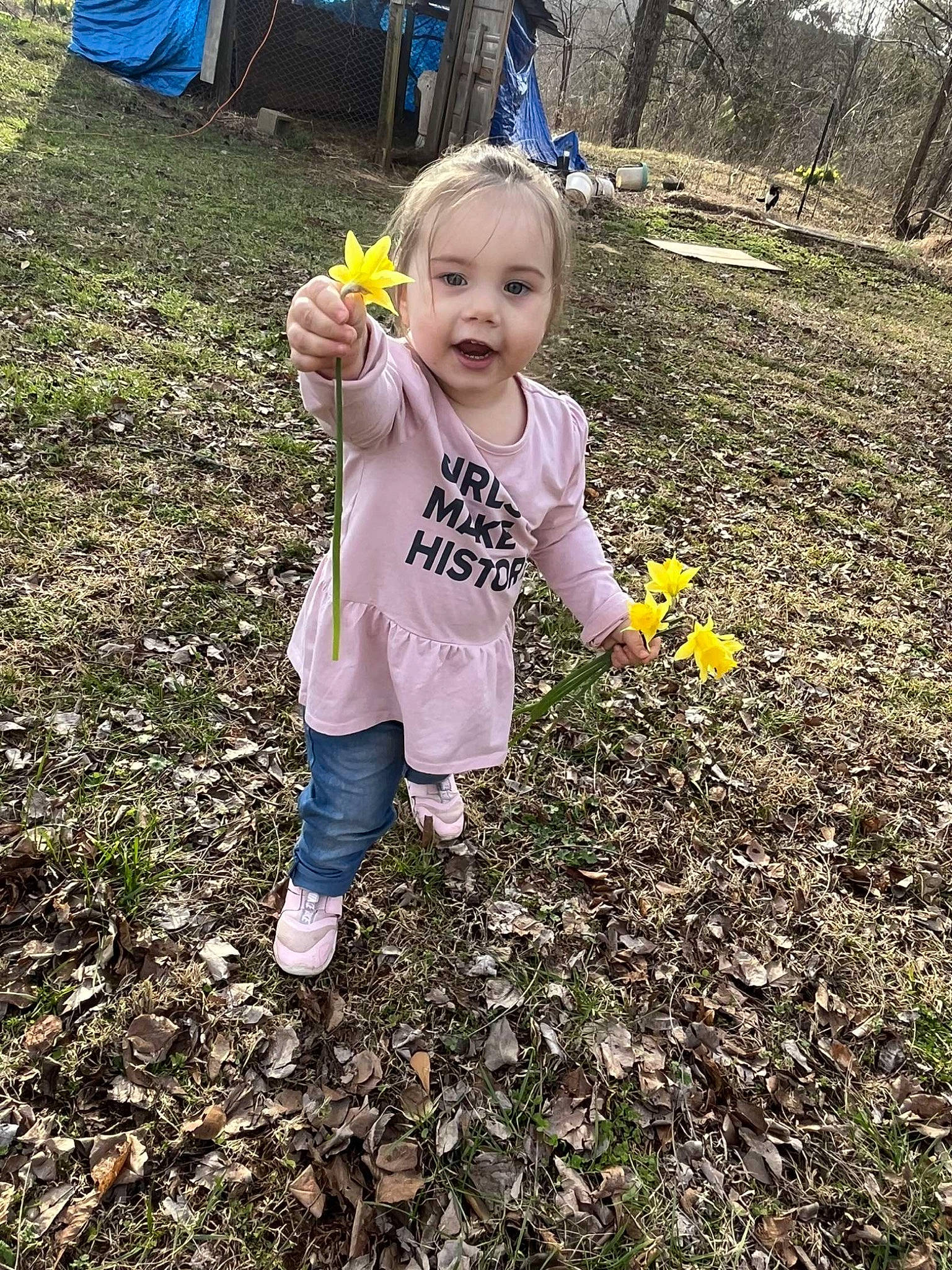Della joined the competition — help win amazing prizes! baby_toddler_clothing, child, fun, garden, grass, happy, hoodie, people_in_nature, person, play, recreation, shoe, sneakers, soil, toddler, tree, yard
