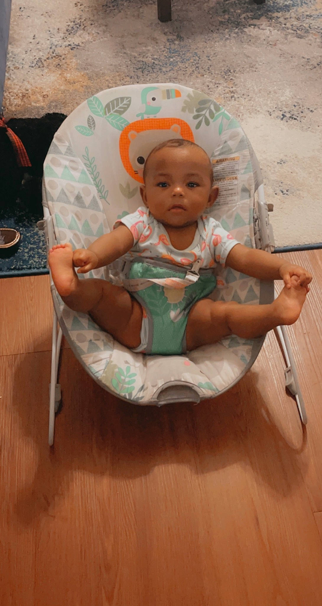 Kimberly joined the competition — help win amazing prizes! baby, baby_products, baby_toddler_clothing, chair, child, comfort, face, floor, flooring, fun, hardwood, hat, head, laminate_flooring, person, room, sitting, thigh, toddler, wood