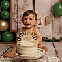 toddler, cake, birthday, one_year, balloons, smiling, face, cake_frosting, celebration, wooden_floor, decor, rustic, child, happy, party, sitting, indoors, plaque, photography, white_cake