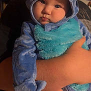 Katherine is registered to the contest to win money with this photo: baby, child, costume, blue, plush, cute, face, person, portrait, indoor, arm, hand, disney, character, soft, clothing, infant, expression, eyes, pout