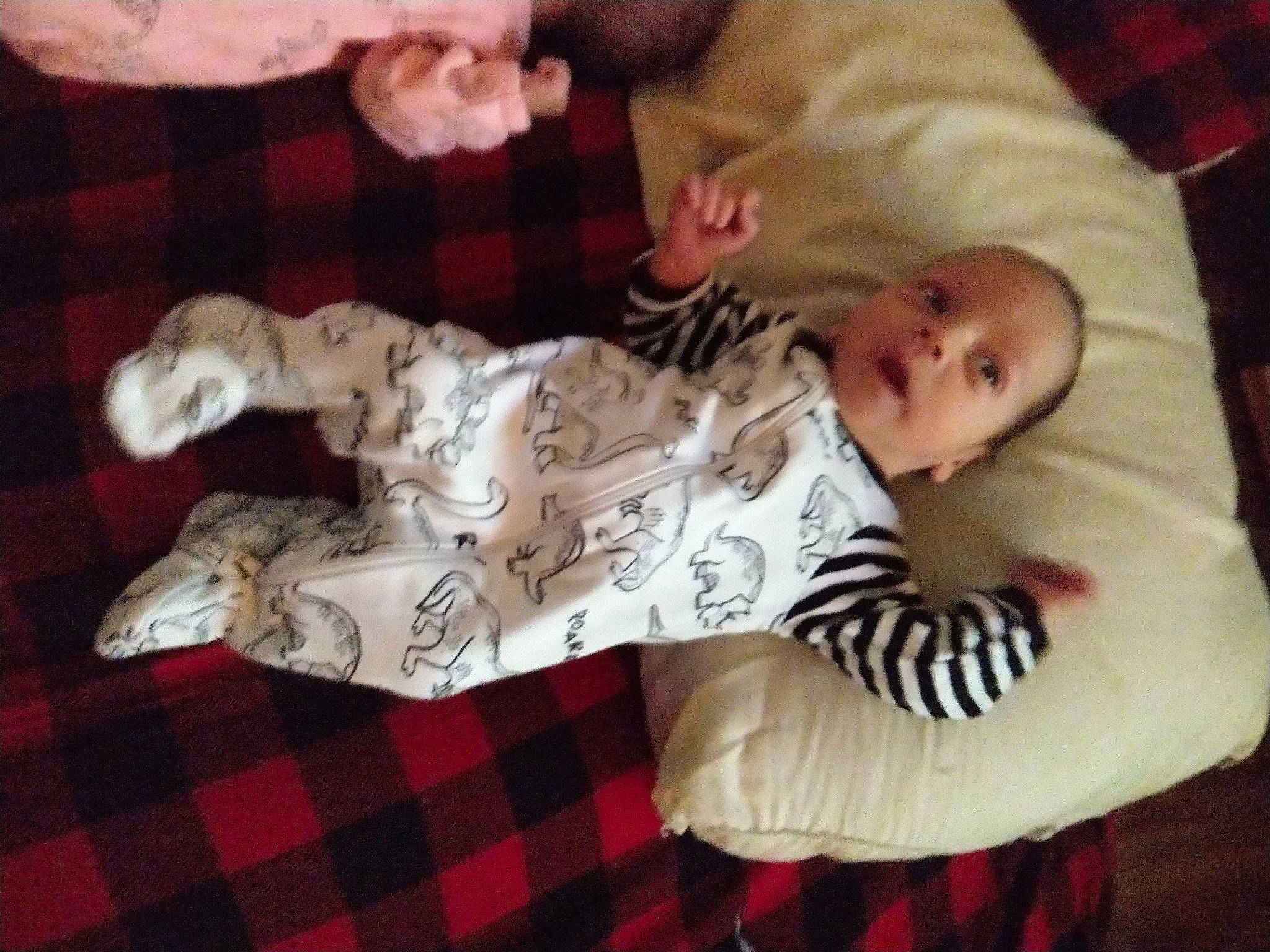 Callen is registered to the contest to win money with this photo: baby, baby_products, baby_toddler_clothing, bedtime, child, comfort, companion_dog, flooring, fur, linens, nap, pattern, person, plaid, sleep, sleeve, tartan, toddler, toy, white