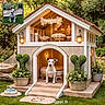 dog, doghouse, miniature_house, outdoor, garden, plant, topiary, hammock, furniture, light, pet, white_dog, steps, grass, flower_pot, decor, canine, cozy, luxury, animal