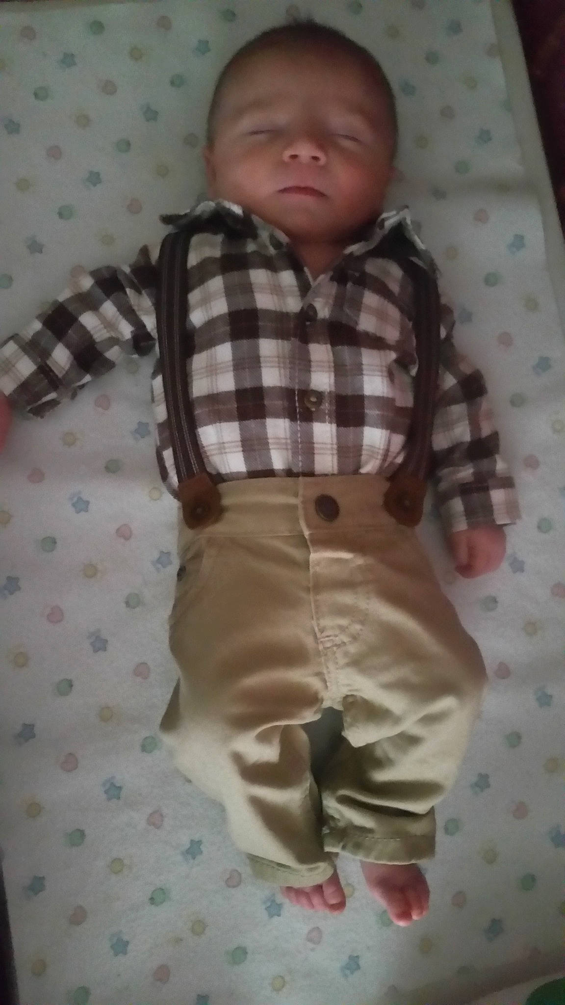 Braden is registered to the contest to win money with this photo: baby, baby_products, baby_toddler_clothing, cheek, child, design, overall, pattern, person, plaid, product, toddler
