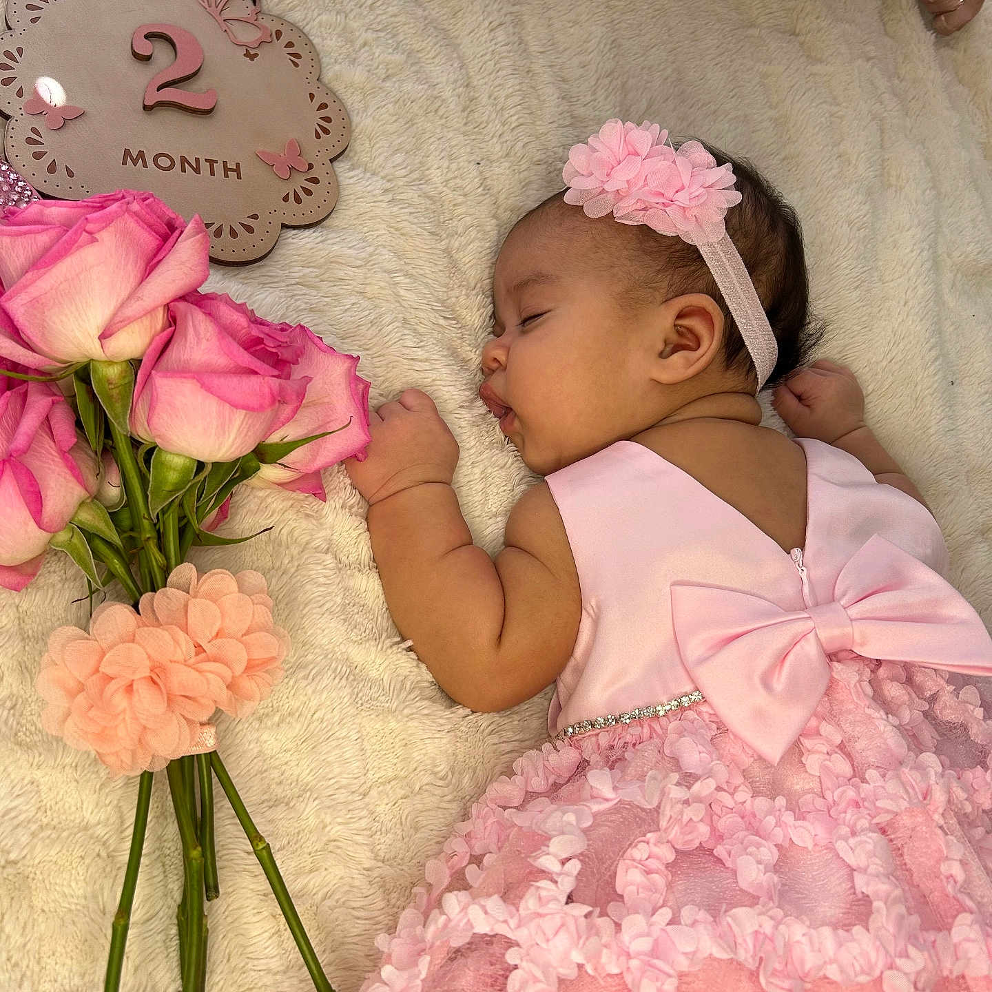 Chiara joined the competition — help win amazing prizes! baby, infant, sleeping, portrait, pink_dress, headband, flowers, roses, floral, bow, blanket, milestone_photo, two_months, nursery, cute, lying_down, newborn, face, celebration, photography