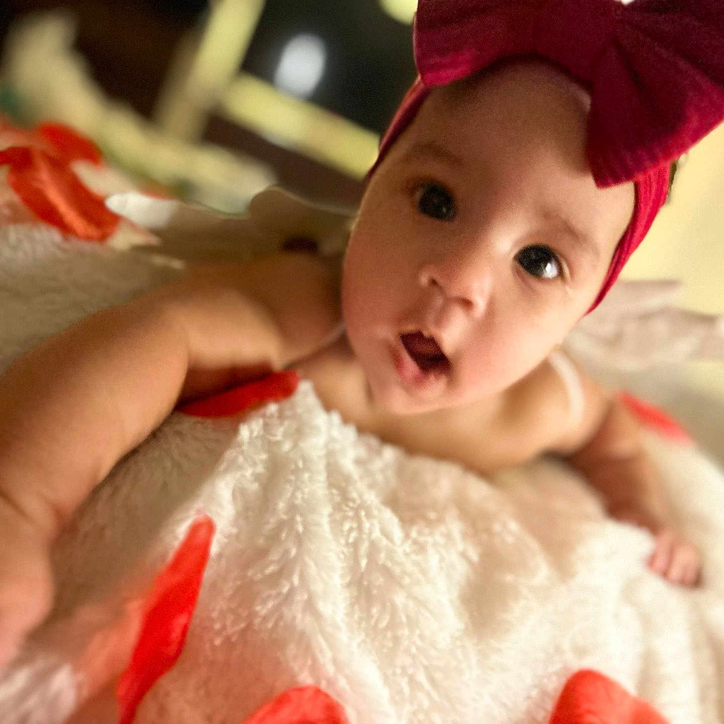 Alisson is registered to the contest to win money with this photo: baby, blanket, bodypart, bonnet, cap, clothing, dress, face, finger, hand, happy, hat, head, newborn, person, photography, portrait, quilt, smile, towel