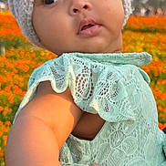 Aliya joined the competition — help win amazing prizes! baby, child, knitted_hat, flower, bracelet, hand, dress, lace, outdoor, field, flowers, nature, person, skin, face, cute, infant, holding, sunlight, expression