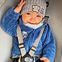 baby, blue_jacket, car_seat, casual, child, cozy_clothing, cute, grey_hat, happy, indoor, infant, knit_hat, portrait, safety_harness, seatbelt, small_hand, smiling, toddler, warm_clothing, waving_hand