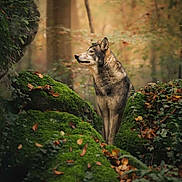 Casimir participe au concours pour gagner de l'argent avec cette photo : dog, wolf_like, forest, moss, rocks, nature, outdoor, animal, wildlife, greenery, autumn, leaves, canine, fur, tree, bark, serene, standing, alert, natural_light