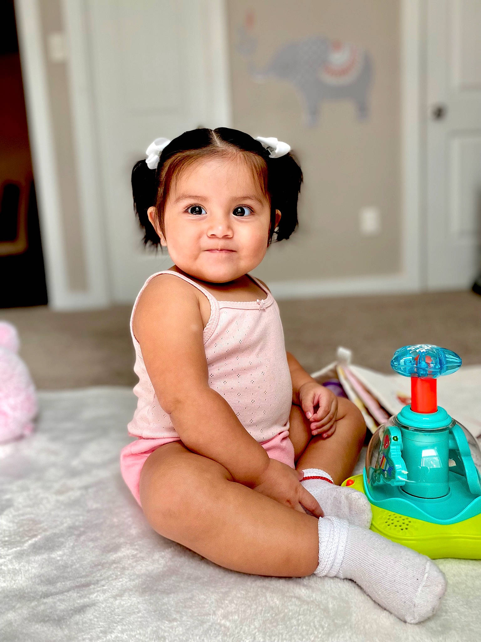 Kataleyna joined the competition — help win amazing prizes! baby, baby_toddler_clothing, child, dress, fashion_accessory, flash_photography, floor, flooring, foot, fun, happy, human_leg, knee, leg, person, sitting, skin, smile, sock, thigh