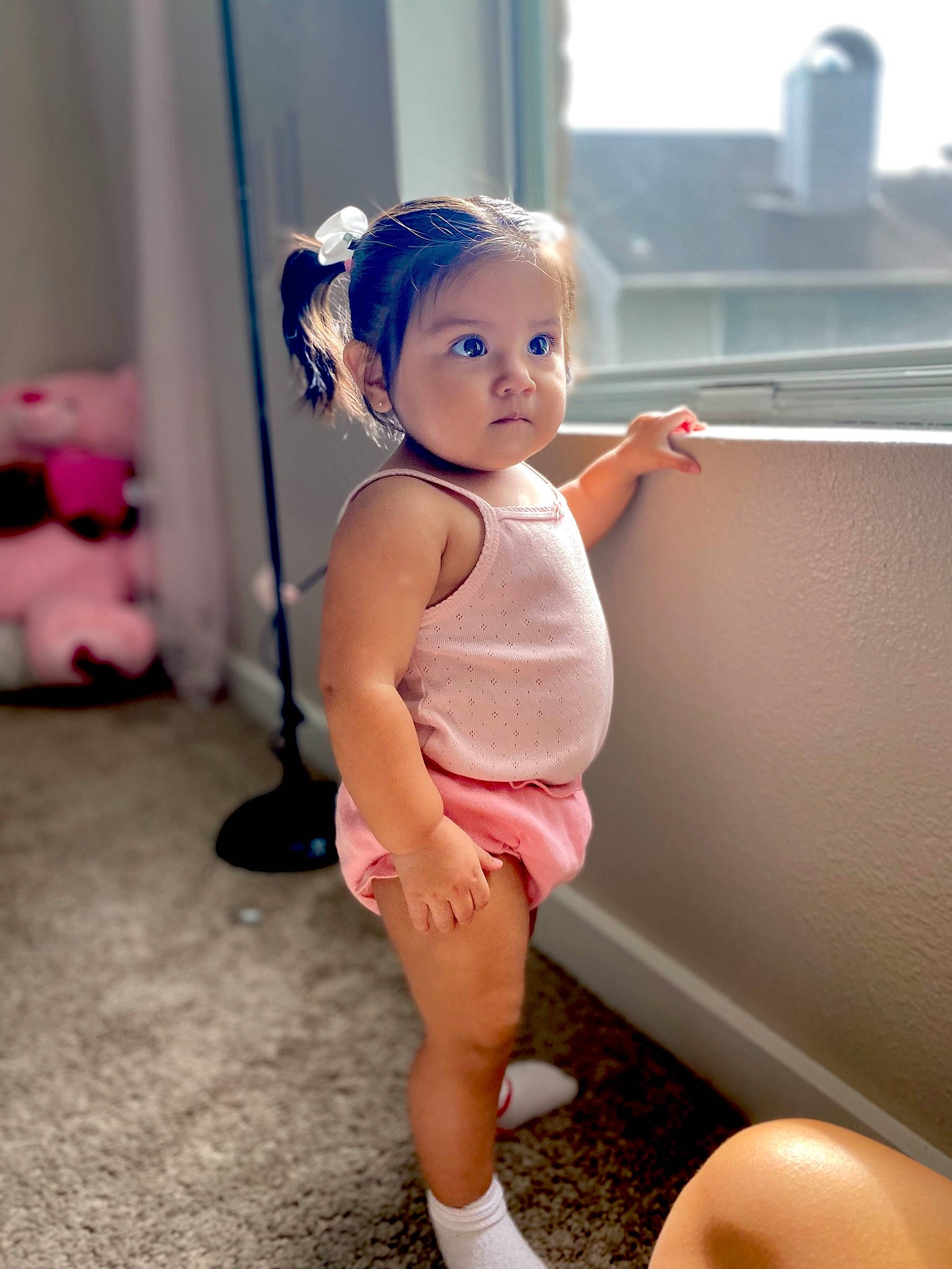 Kataleyna is registered to the contest to win money with this photo: arm, baby_toddler_clothing, eyelash, face, finger, happy, human_body, human_leg, iris, joint, knee, lip, neck, person, pink, shoulder, skin, sleeve, thigh, toddler