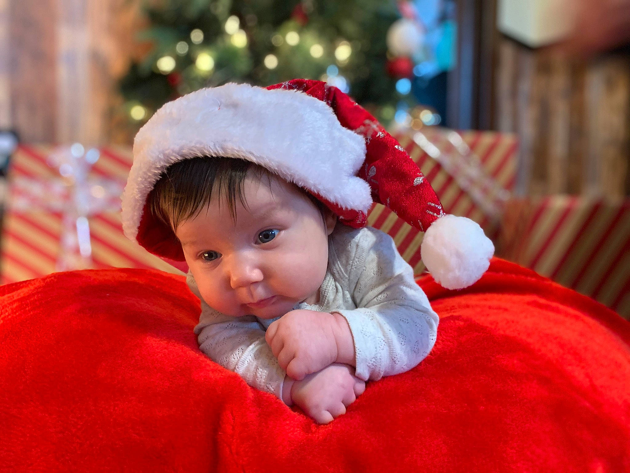 Charlie is registered to the contest to win money with this photo: baby, baby_toddler_clothing, christmas, christmas_decoration, christmas_eve, christmas_tree, event, eye, fictional_character, fun, fur, fur_clothing, happy, hat, holiday, human_body, lap, person, santa_claus, toddler