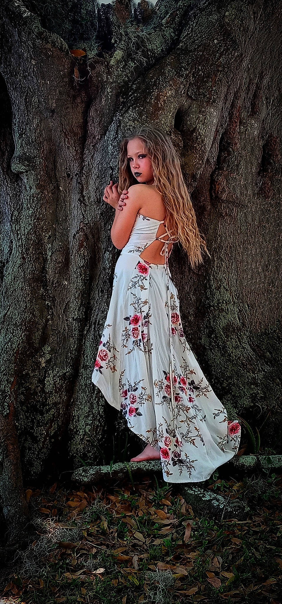 Adelina is registered to the contest to win money with this photo: beauty, black_hair, bridal_accessory, bridal_party_dress, day_dress, dress, fashion_design, flash_photography, formal_wear, gown, grass, hand, happy, human_body, people_in_nature, person, plant, tree, trunk, waist