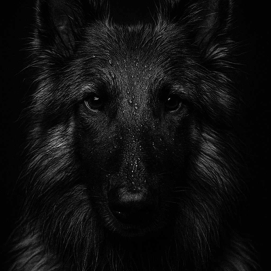 Tara participe au concours pour gagner de l'argent avec cette photo : animal, black_and_white, canine, close_up, dark_background, dog, ears, eyes, face, fur, german_shepherd, intense, majestic, moody, muzzle, pet, portrait, water_droplets, wet, whiskers