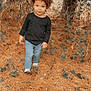child, toddler, curly_hair, black_shirt, blue_jeans, outdoor, forest, trees, pine_needles, leaves, walking, nature, smiling, young_child, autumn, sparkle_effect, casual_clothing, daylight, person, cute