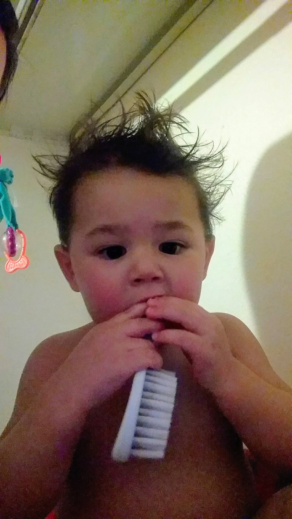 Dezmond joined the competition — help win amazing prizes! baby, beauty, child, comb, electronic_device, eyebrow, eyelash, face, finger, forehead, hair, hair_accessory, hand, mouth, neck, nose, person, skin, smile, thumb