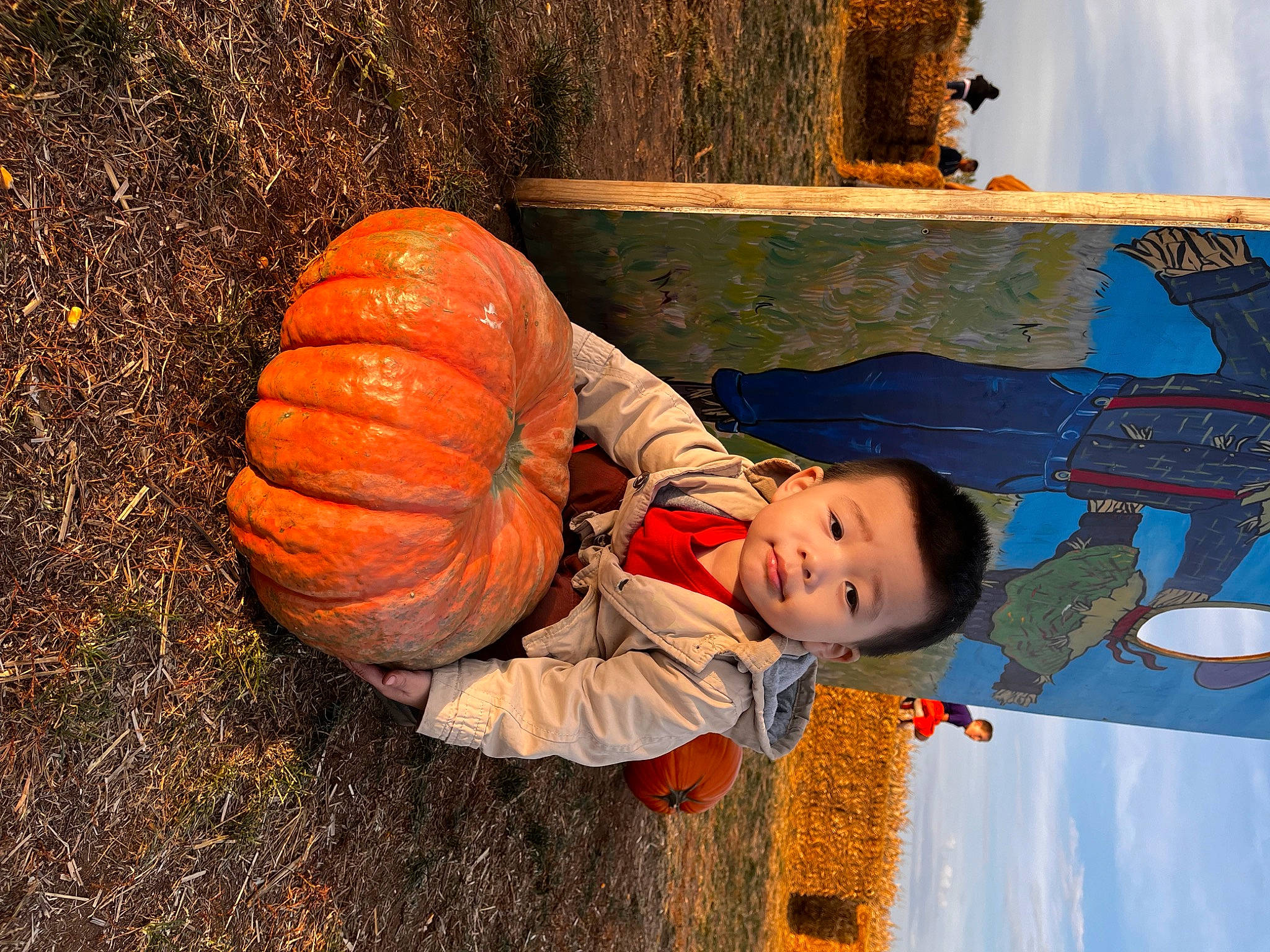 Denzel joined the competition — help win amazing prizes! art, calabaza, clothing, cucurbita, eye, face, fruit, fun, gourd, happy, head, orange, people_in_nature, person, plant, pumpkin, squash, toddler, tree, winter_squash