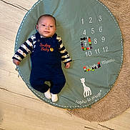 Benjamin participe au concours pour gagner de l'argent avec cette photo : baby, infant, milestone_blanket, blue_clothing, smiley_baby, face, floor, wooden_floor, rug, numbers, months, weeks, giraffe, milestone_marker, child, lying_down, cute, indoors, person, young_child