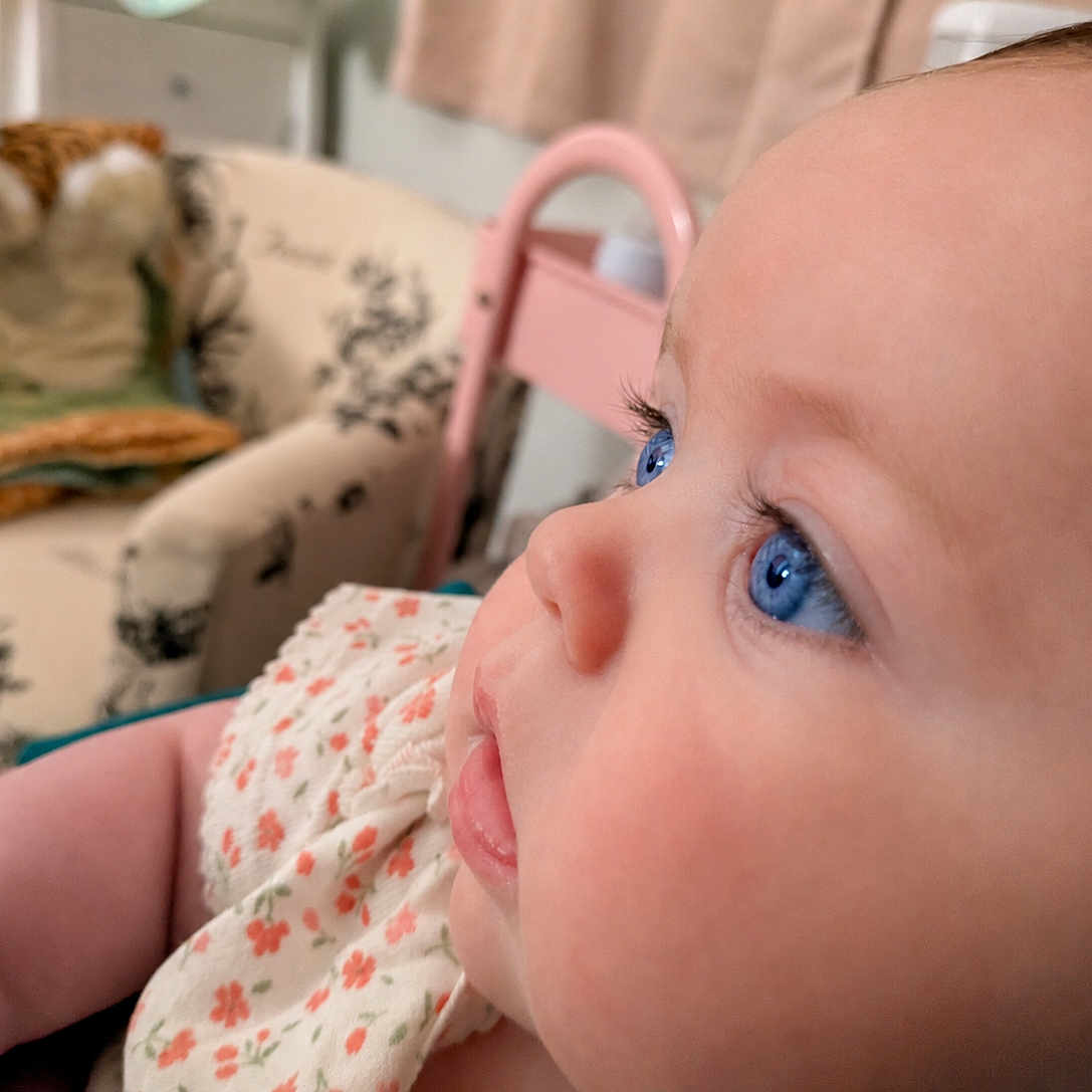 Ava joined the competition — help win amazing prizes! baby, child, blue_eyes, close_up, face, rosy_cheeks, floral_outfit, indoor, infant, curious, soft_lighting, patterned_chair, pink_object, portrait, cute, skin, person, head, young_child, toddler
