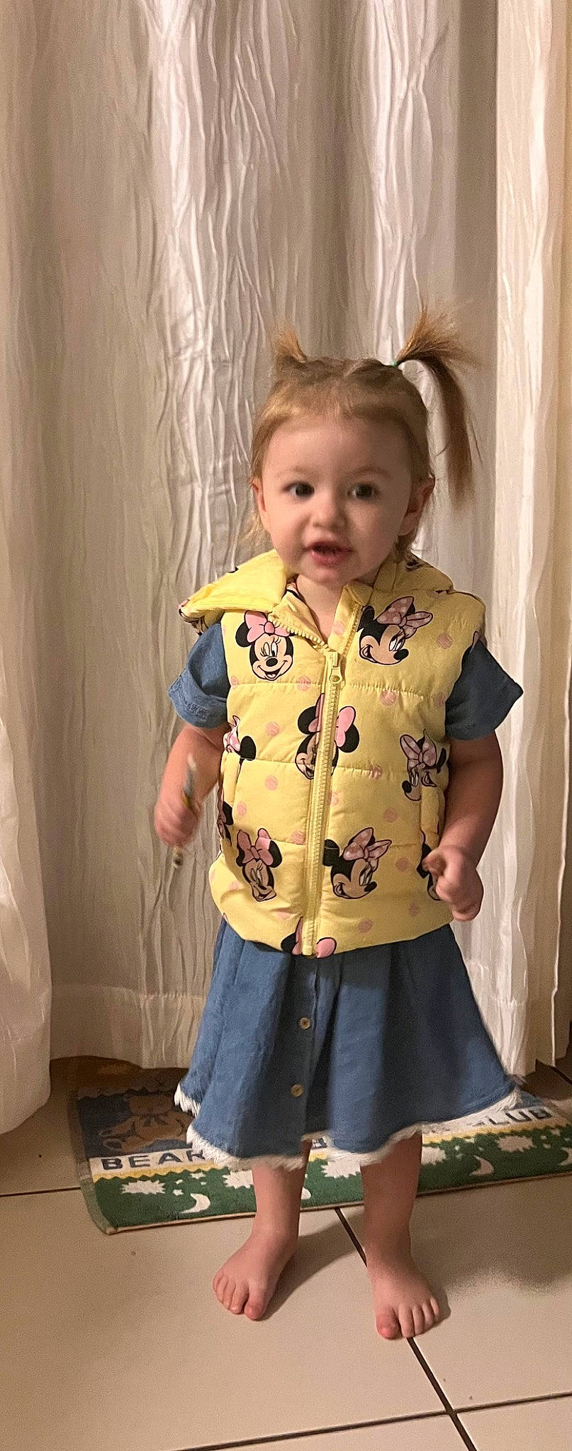 Malia joined the competition — help win amazing prizes! baby, baby_toddler_clothing, cheek, child, curtain, eye, face, fun, hair, head, iris, pattern, person, shoulder, skin, sleeve, smile, standing, t_shirt, toddler