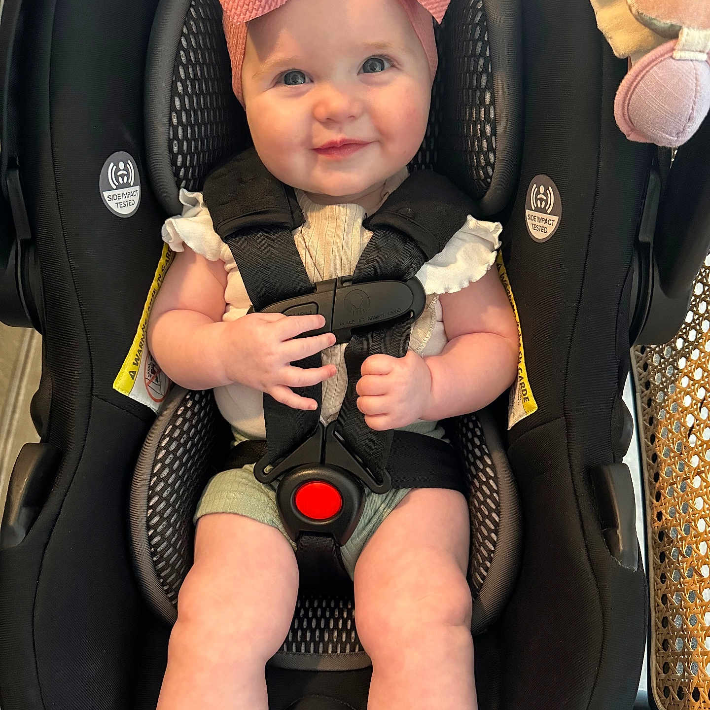 Maren joined the competition — help win amazing prizes! accessories, baby, cap, car, car_interior, carseat, clothing, face, gun, happy, hat, head, person, photography, portrait, smile, sunglasses, transportation, vehicle, weapon