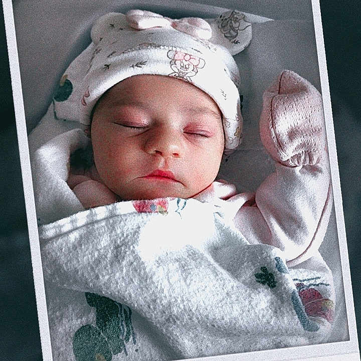 Melliana joined the competition — help win amazing prizes! baby, newborn, sleeping, blanket, hat, cute, polaroid, photo, portrait, infant, soft, wrapped, handwritten, date, clothing, peaceful, face, headwear, indoors, resting
