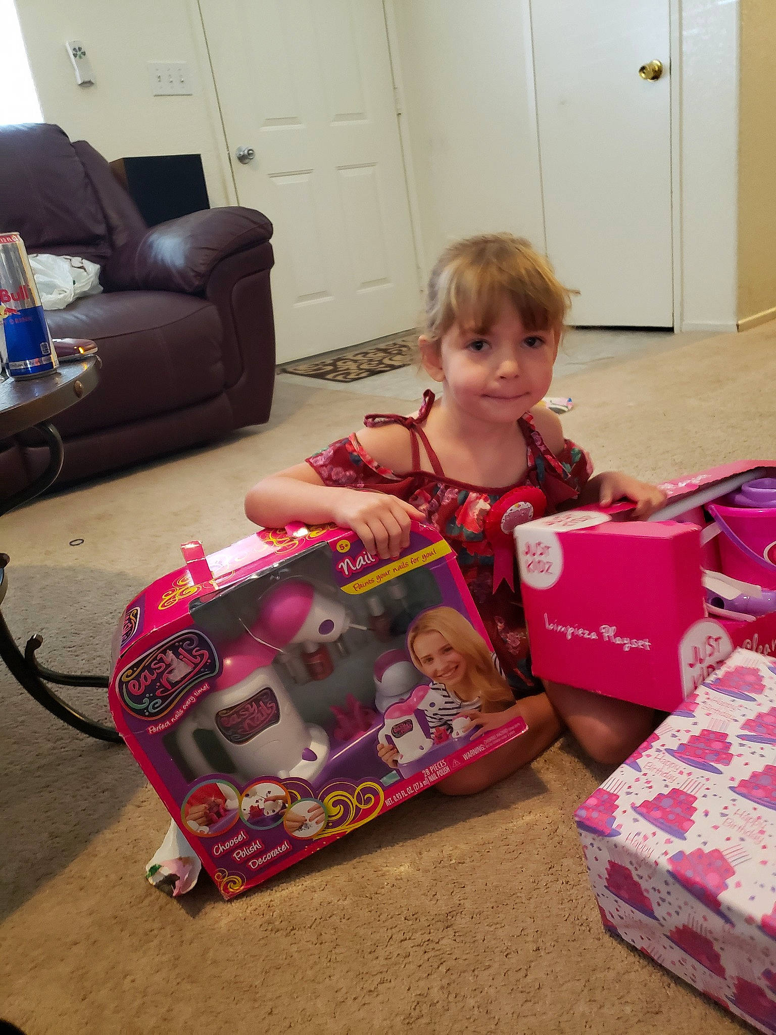 Odessa is registered to the contest to win money with this photo: child, floor, flooring, joy, person, pink, play, present, toddler, toy