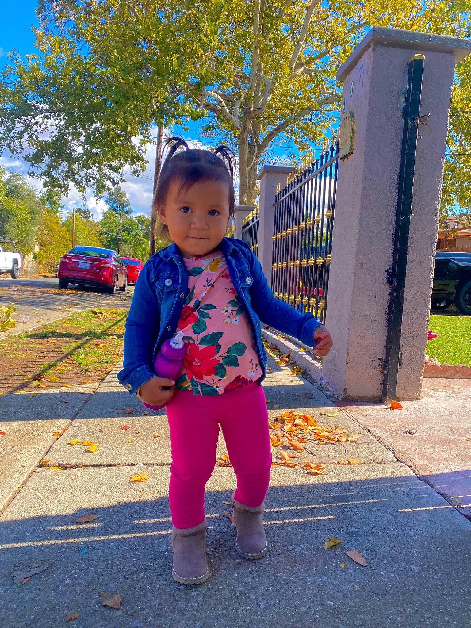 Gabriella is registered to the contest to win money with this photo: asphalt, baby_toddler_clothing, car, electric_blue, grass, happy, leaf, leisure, people_in_nature, person, plant, recreation, road_surface, sidewalk, sky, standing, street_fashion, tints_and_shades, toddler, tree