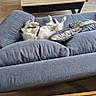dog, couch, gray_couch, wooden_floor, coffee_table, plant, pillow, relaxed, pet, indoor, fur, white_dog, lying_down, paw, home, living_room, furniture, casual, resting, cozy