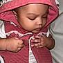 baby, infant, child, sleeping, hood, vest, pink_clothing, lace, cute, peaceful, hands, face, closeup, indoor, soft_lighting, portrait, newborn, resting, toddler, fabric