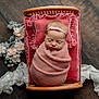 baby, newborn, infant, swaddle, blanket, pillow, headband, bow, cradle, wooden_floor, flowers, floral_arrangement, velvet, pink, sleeping, portrait, top_view, studio_prop, peaceful, prop_bed