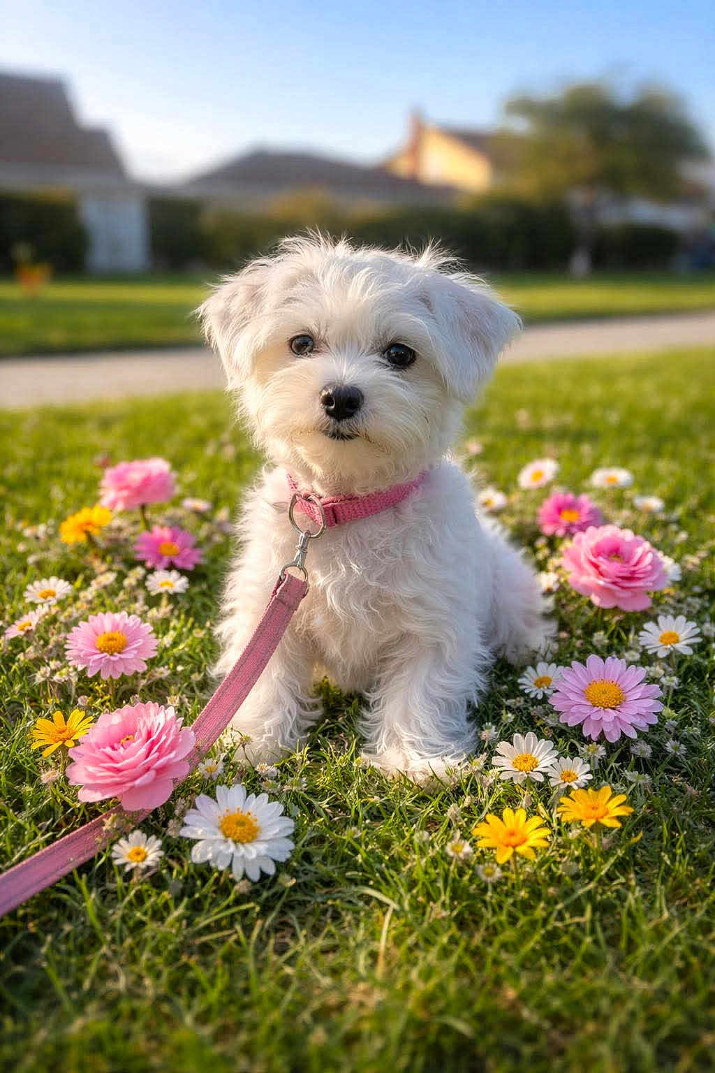 Lola is registered to the contest to win money with this photo: dog, puppy, white_fur, pink_collar, leash, flowers, daisies, grass, outdoor, portrait, close_up, cute, spring, pet, sitting, shallow_depth_of_field, bokeh, sunlight, garden, small_dog
