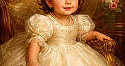 Sophia joined the competition — help win amazing prizes! toddler, child, portrait, dress, princess, pearl_necklace, bracelet, bow, headband, chair, vintage, floral, flowers, curly_hair, smile, indoors, elegant, decor, fabric, young_girl