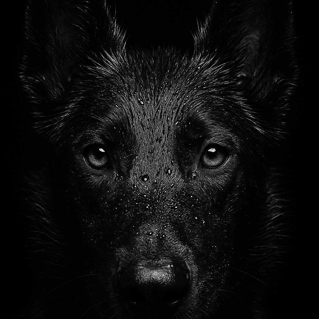 Naya participe au concours pour gagner de l'argent avec cette photo : animal, animal_portrait, black_background, black_dog, canine, close_up, dark, dog, ears, fur_texture, german_shepherd, intense_gaze, monochrome, pet, portrait, snout, studio_shot, water_droplets, wet_fur, wildlife