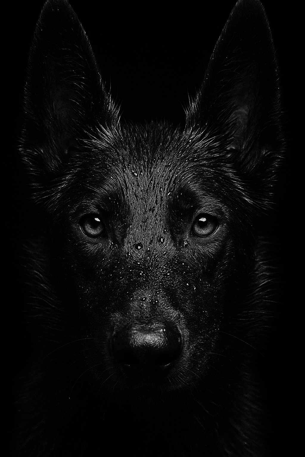 Naya participe au concours pour gagner de l'argent avec cette photo : animal, animal_portrait, black_background, black_dog, canine, close_up, dark, dog, ears, fur_texture, german_shepherd, intense_gaze, monochrome, pet, portrait, snout, studio_shot, water_droplets, wet_fur, wildlife
