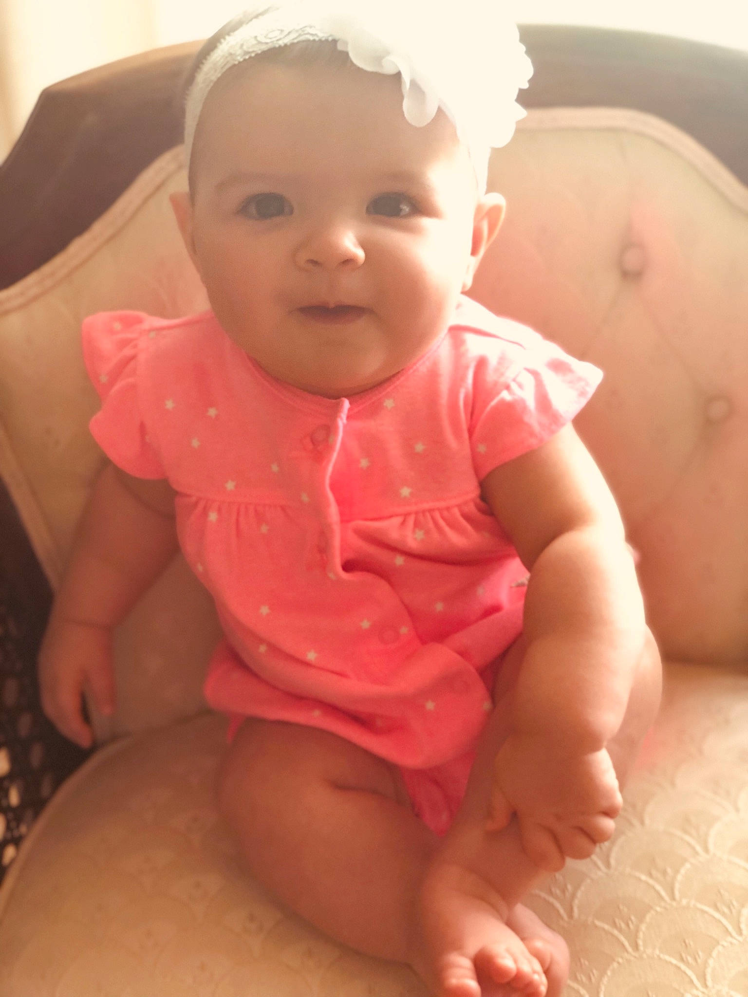 Rozlyn joined the competition — help win amazing prizes! abdomen, baby, cheek, child, eye, face, finger, hand, head, lip, mouth, neck, nose, person, pink, sitting, skin, smile, stomach, thumb