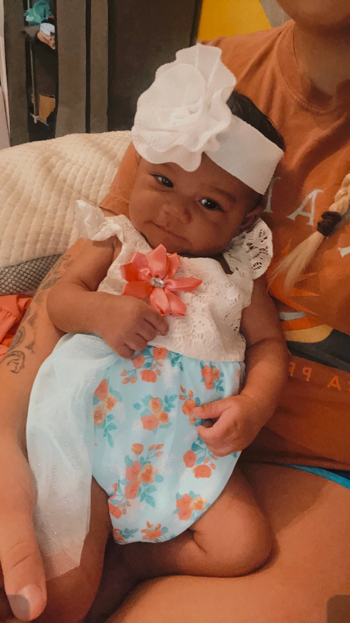 Nevaeh joined the competition — help win amazing prizes! abdomen, arm, baby, baby_toddler_clothing, child, comfort, dress, finger, hand, happy, hat, head, headwear, human_body, person, pink, skin, textile, thigh, thumb
