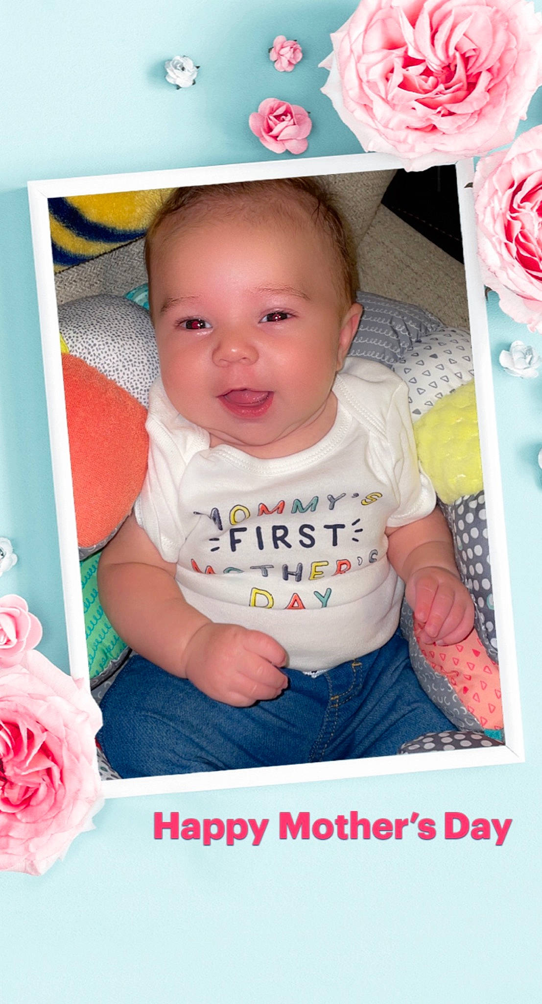 Treyvon is registered to the contest to win money with this photo: baby, baby_products, baby_toddler_clothing, cheek, child, happy, magenta, pattern, person, petal, pink, plant, room, rose, rose_family, rose_order, sitting, sleeve, smile, t_shirt