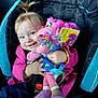 toddler, child, car_seat, plush_toy, pink_jacket, happy, smiling, blue_eyes, hair_tie, toy, stuffed_animal, seated, clothing, indoor, cute, person, portrait, colorful, fabric, seat_belt