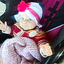 Maryanne is registered to the contest to win money with this photo: baby, child, stroller, hat, flower, blanket, knit, sweater, hand, face, blue_eyes, pink, white, red, striped, outdoor, person, seat, comfort, cute