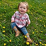 toddler, child, grass, dandelions, flowers, field, plaid_shirt, jeans, cowboy_boots, outdoor, smiling, happy, nature, snack, hair_clip, sunny, sitting, greenery, daytime, person