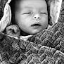 baby, black_and_white, blanket, child, closeup, cozy, cute, face, hand, infant, monochrome, newborn, peaceful, portrait, resting, sleeping, soft_texture, toddler, warm, wrapped