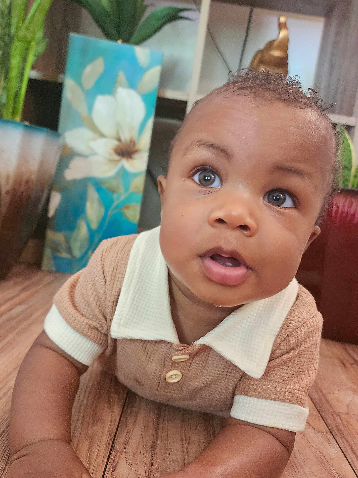 Nicasso is registered to the contest to win money with this photo: baby, bodypart, clothing, couch, crawling, face, finger, furniture, hand, hardwood, head, knitwear, person, photography, plant, portrait, pottedplant, sitting, sweater, wood