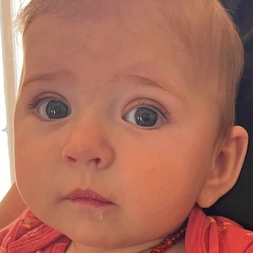 Lilyrose a rejoint le concours — aidez-le/la à gagner de superbes lots ! amber_necklace, baby, blue_eyes, child, close_up, curious_expression, cute, drool, ear, eyelashes, face, floral_pattern, hair, human, indoors, infant, pink_clothing, portrait, skin, soft_light