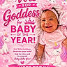 baby, child, smiling, pink_clothing, headband, unicorn, rainbow, stars, sparkles, text_overlay, advertisement, cute, portrait, happy, infant, banner, heart, clouds, ribbon, campaign